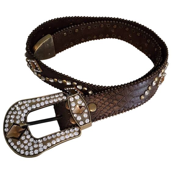 Rhinestone Studded Brown Leather Belt Size Small - Picture 1 of 8